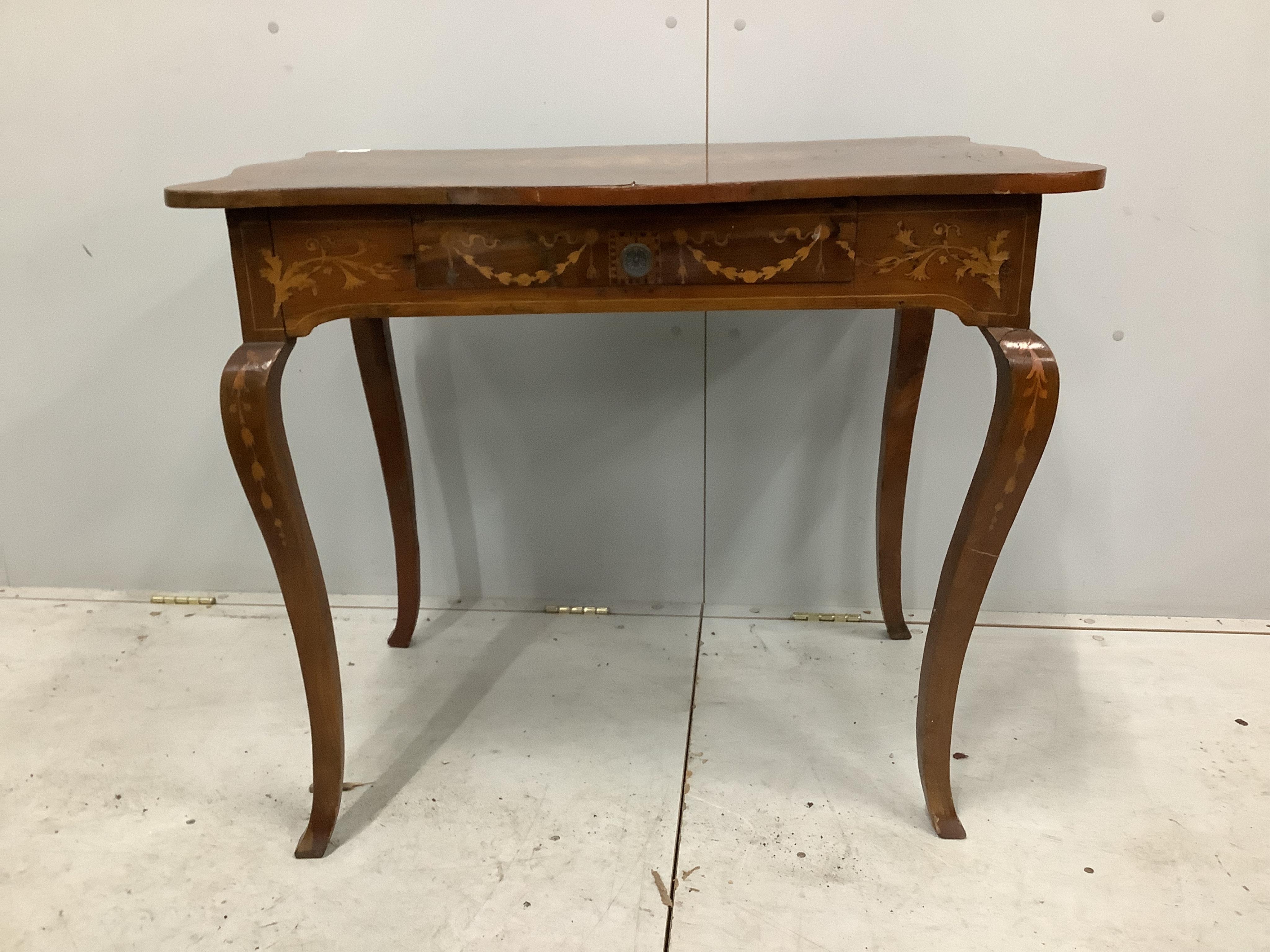 A 19th century Italian marquetry inlaid walnut serpentine side table, fitted drawer, width 88cm, depth 61cm, height 74cm. Condition - fair